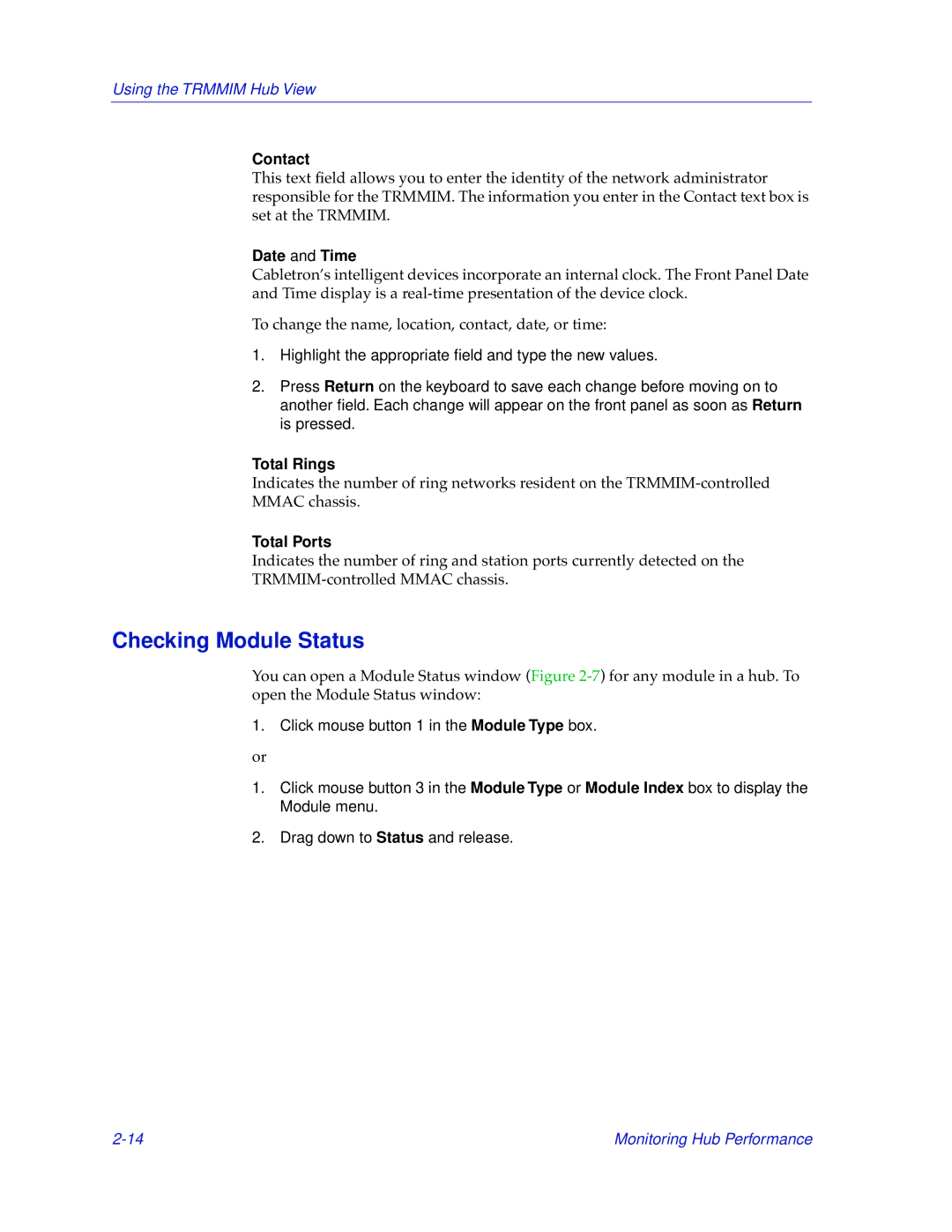 Cabletron Systems TRMMIM manual Checking Module Status, Contact, Date and Time, Total Rings, Total Ports 