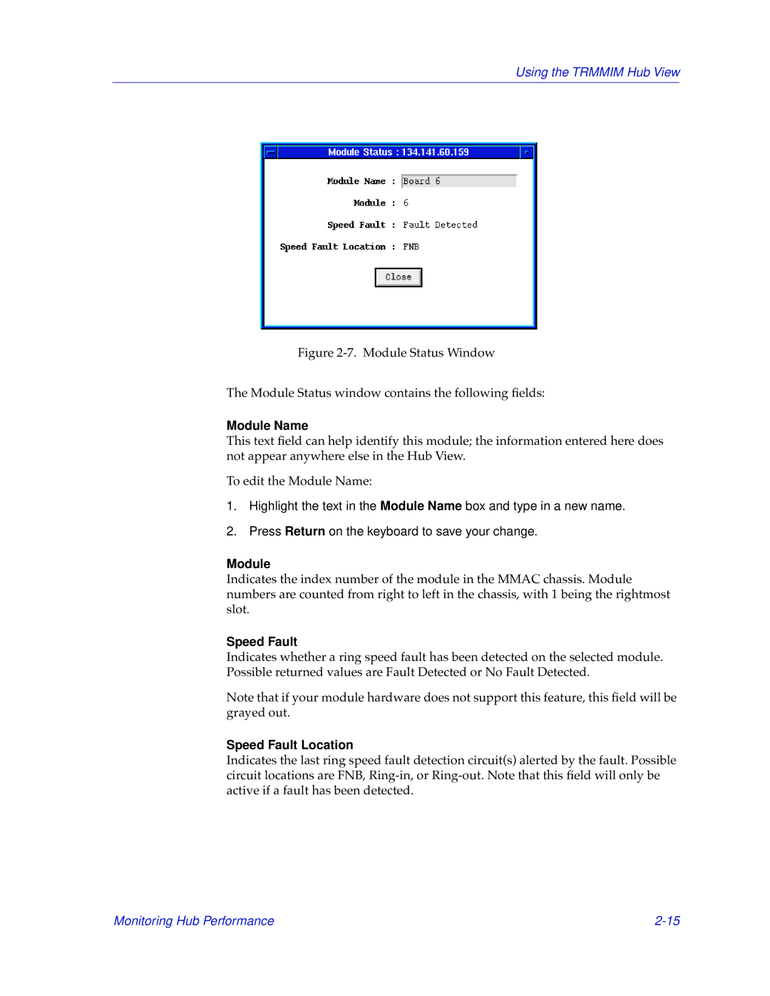 Cabletron Systems TRMMIM manual Module Name, Speed Fault Location 