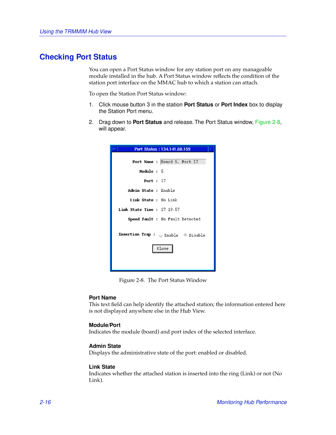 Cabletron Systems TRMMIM manual Checking Port Status, Port Name, Module/Port, Admin State, Link State 