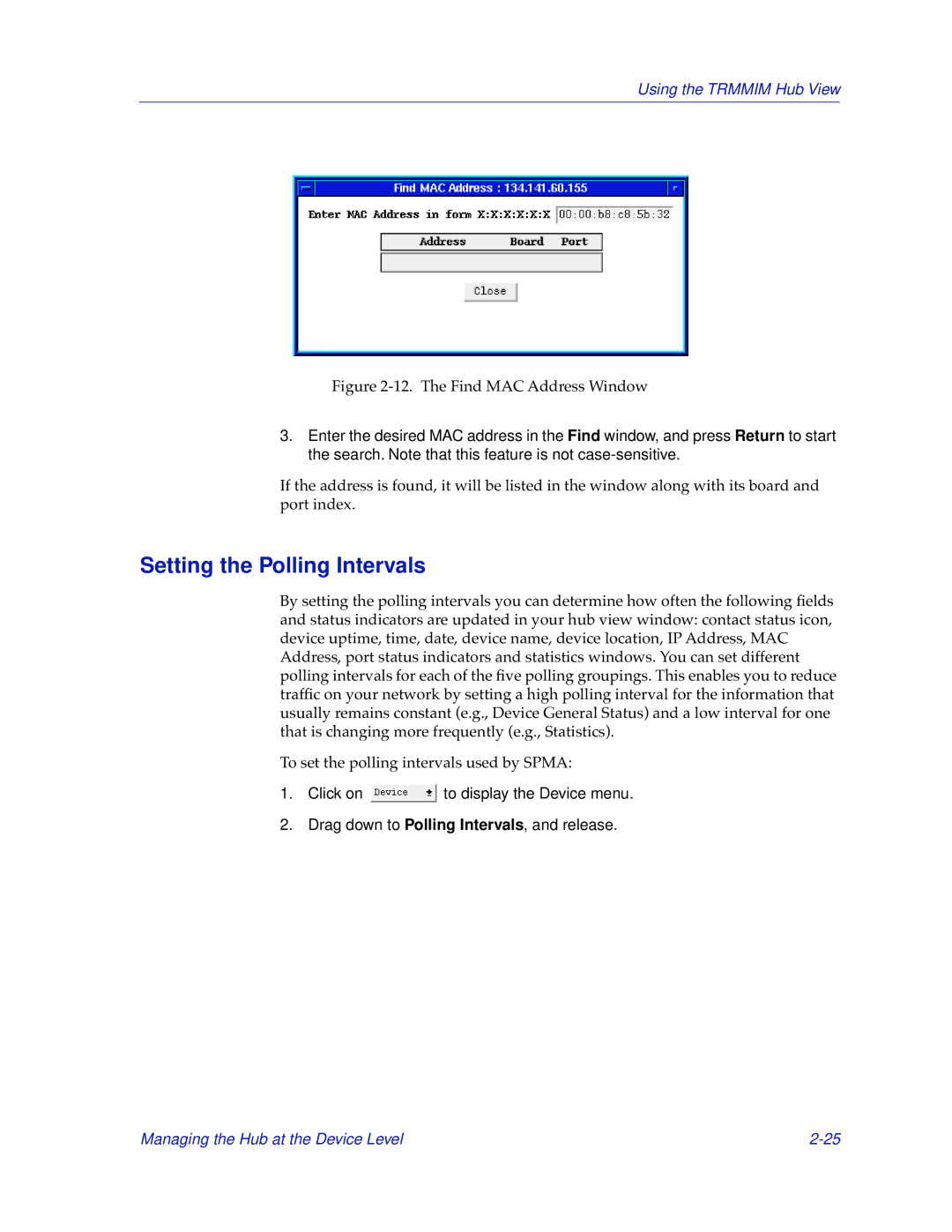 Cabletron Systems TRMMIM manual Setting the Polling Intervals, The Find MAC Address Window 