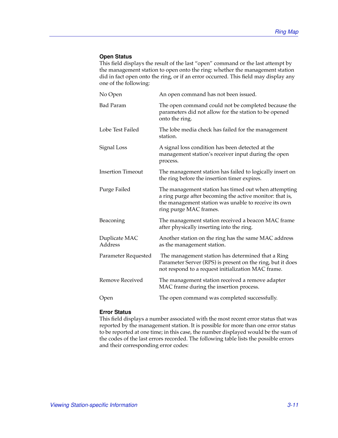 Cabletron Systems TRMMIM manual Open Status, Error Status 