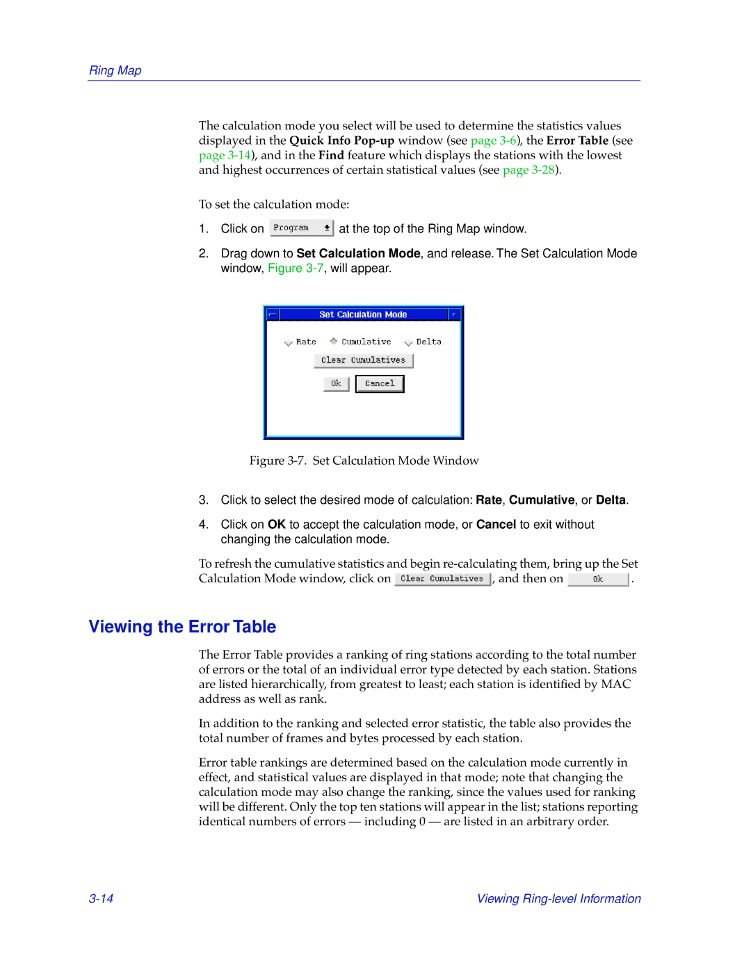 Cabletron Systems TRMMIM manual Viewing the Error Table, Set Calculation Mode Window 