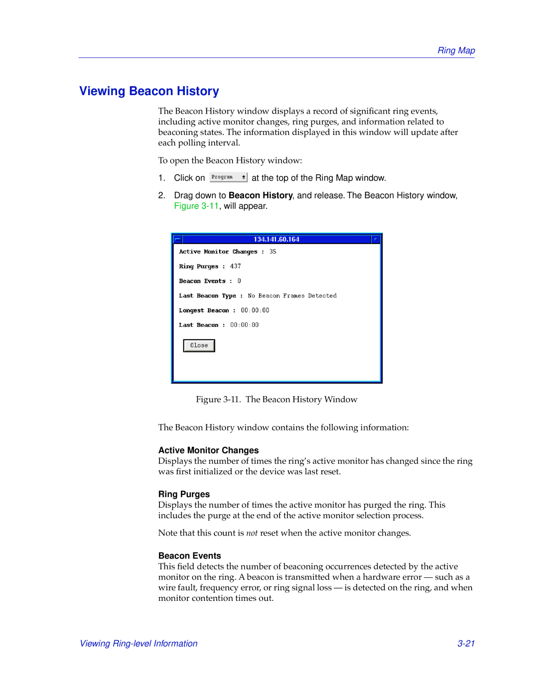 Cabletron Systems TRMMIM manual Viewing Beacon History, Active Monitor Changes, Ring Purges, Beacon Events 