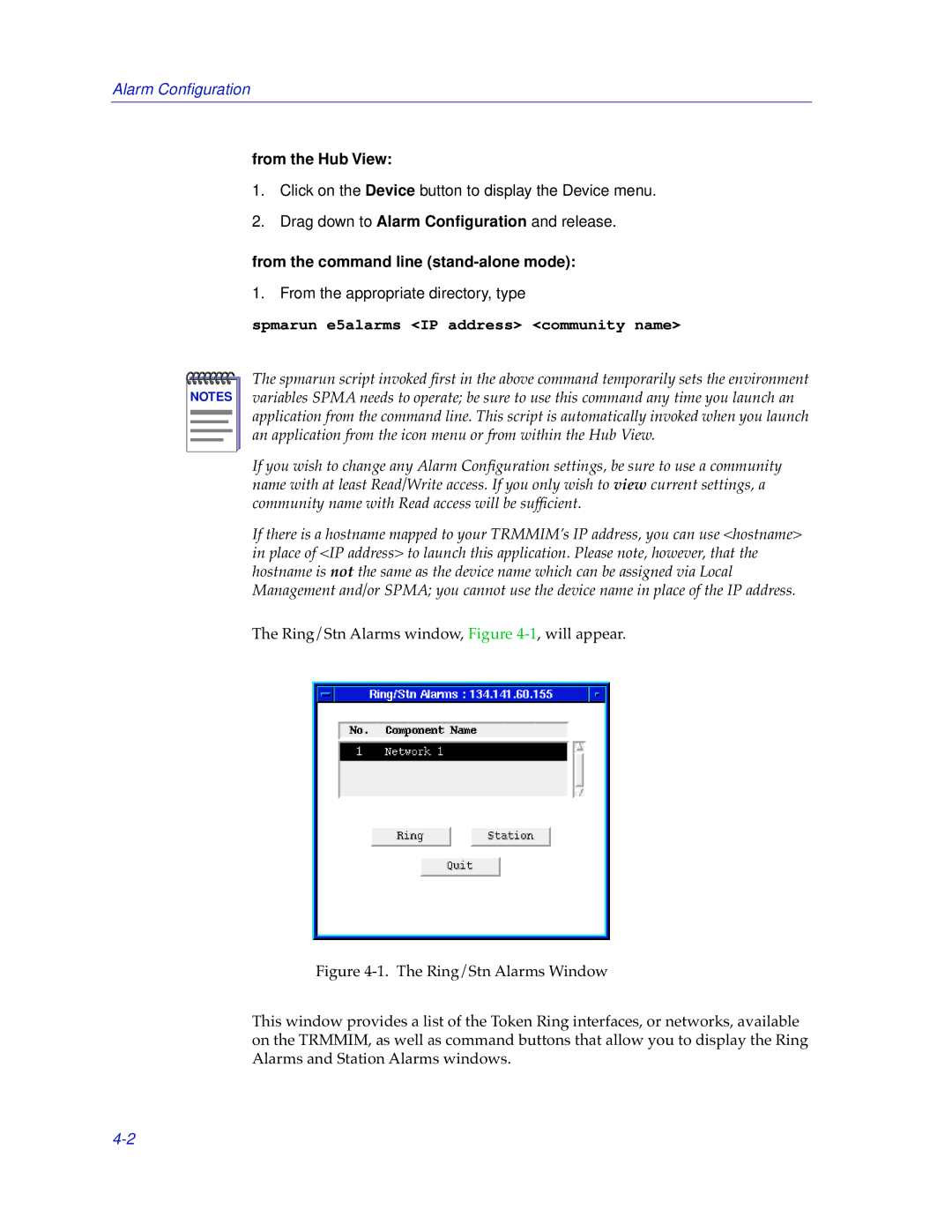 Cabletron Systems TRMMIM manual Spmarun e5alarms IP address community name 