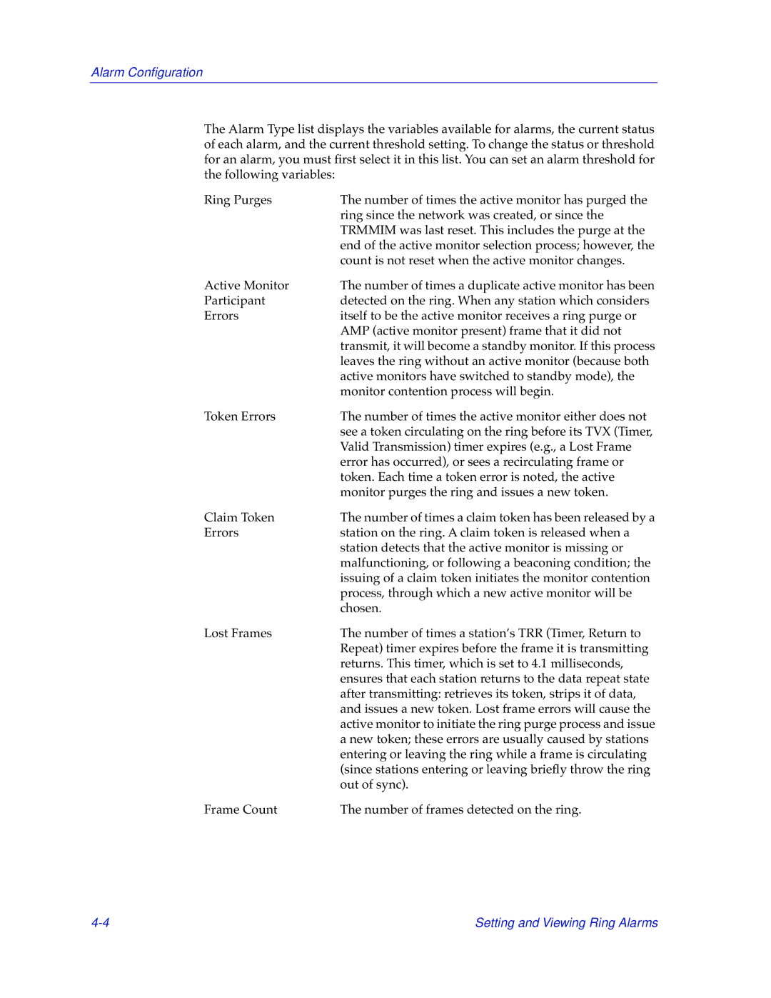 Cabletron Systems TRMMIM manual Alarm Conﬁguration 