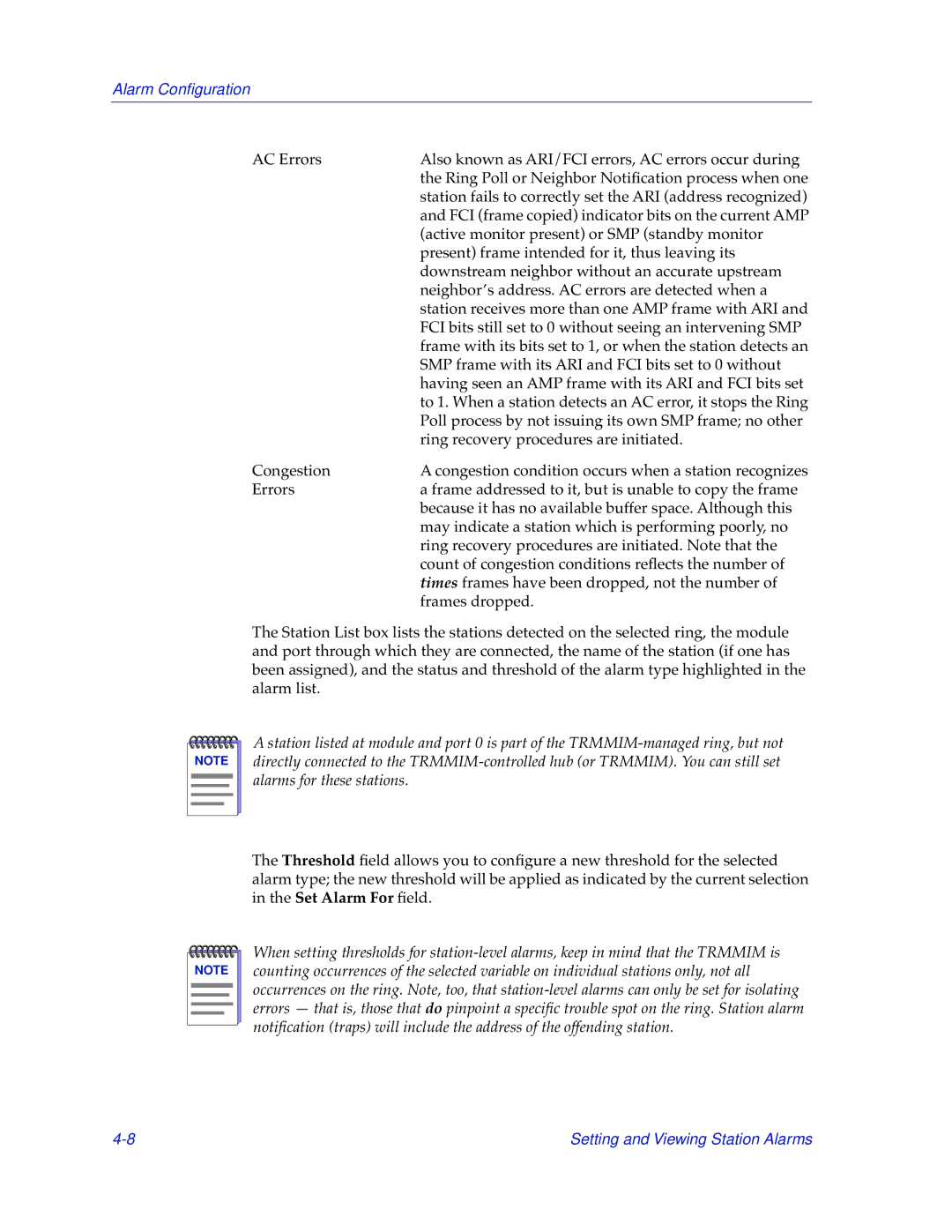 Cabletron Systems TRMMIM manual Alarm Conﬁguration 