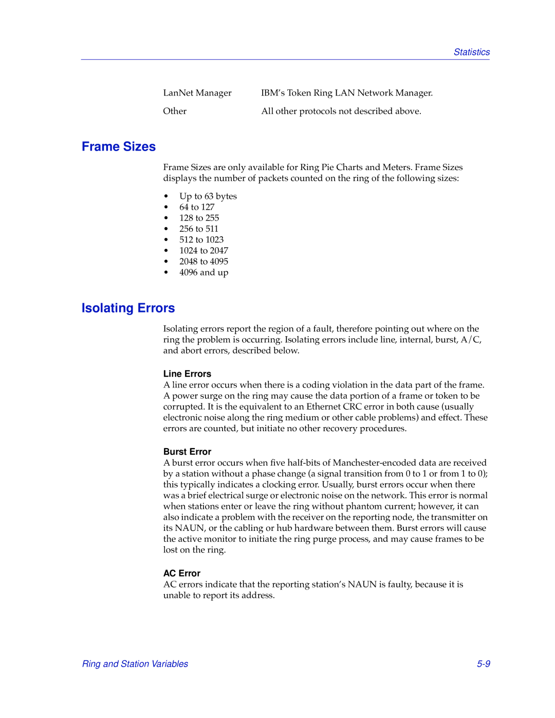 Cabletron Systems TRMMIM manual Frame Sizes, Isolating Errors, Line Errors, Burst Error, AC Error 