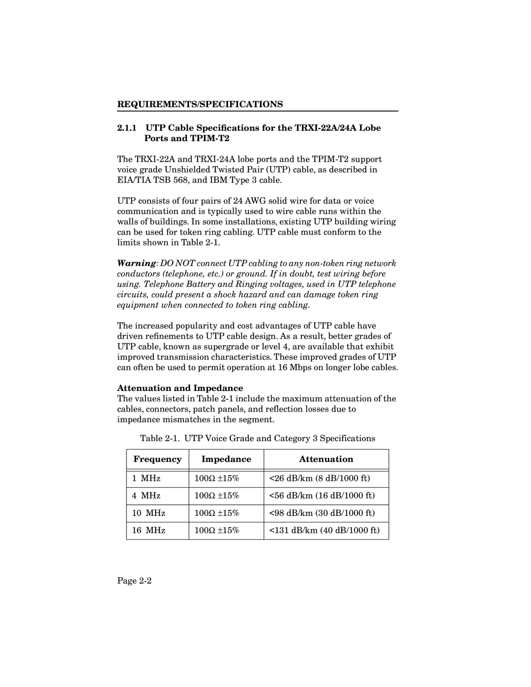 Cabletron Systems TRMIM-24A, TRXI-22A, TRXI-42A, TRXMIM-44A manual Attenuation and Impedance, Frequency Impedance Attenuation 