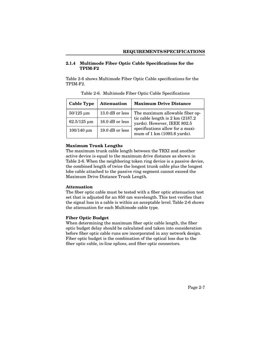 Cabletron Systems TRXMIM-44A, TRXI-22A manual Multimode Fiber Optic Cable Speciﬁcations for the TPIM-F2, Fiber Optic Budget 