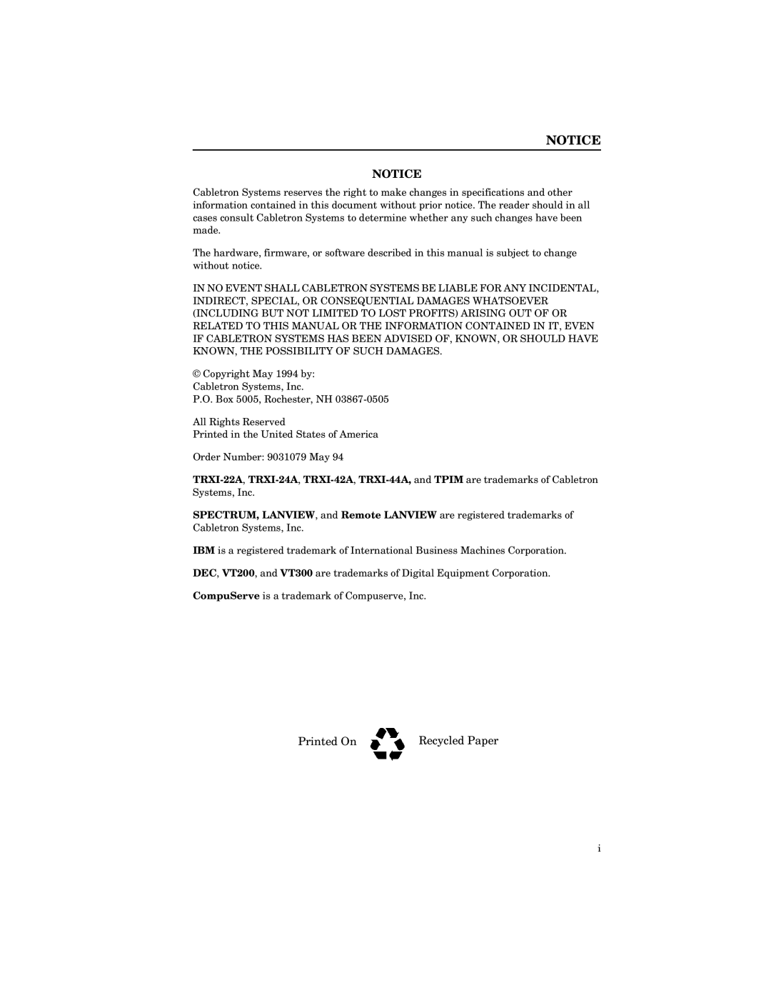 Cabletron Systems TRMIM-24A, TRXI-22A, TRXI-42A, TRXMIM-44A manual Printed On Recycled Paper 