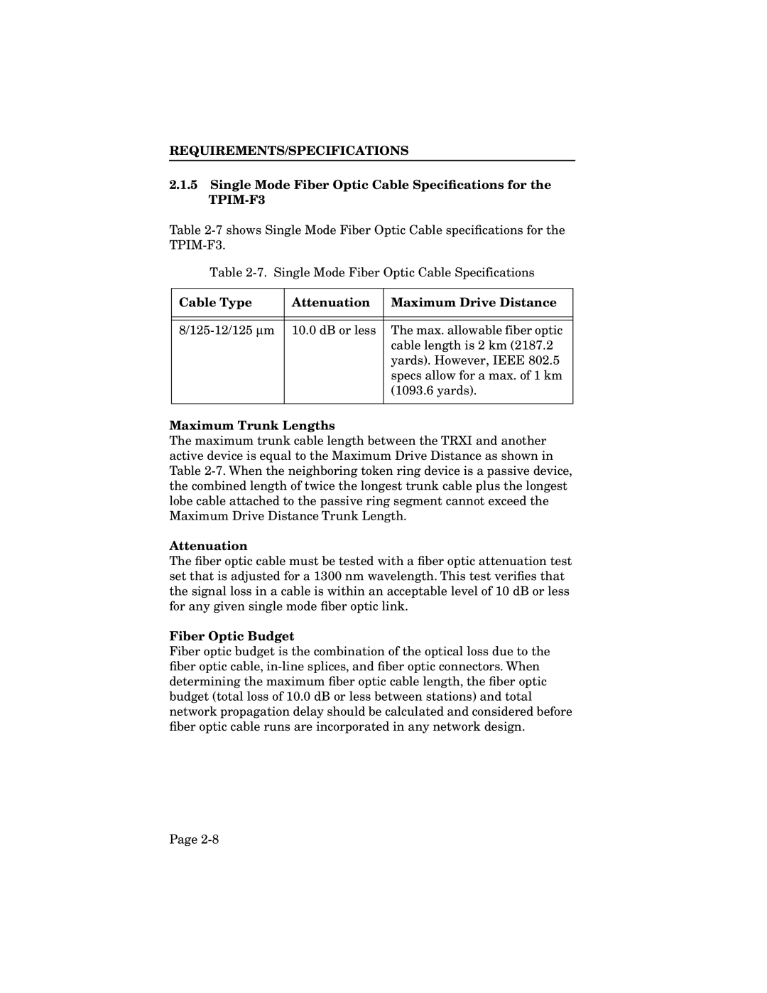 Cabletron Systems TRXI-22A, TRXI-42A, TRMIM-24A, TRXMIM-44A manual Single Mode Fiber Optic Cable Speciﬁcations for the TPIM-F3 