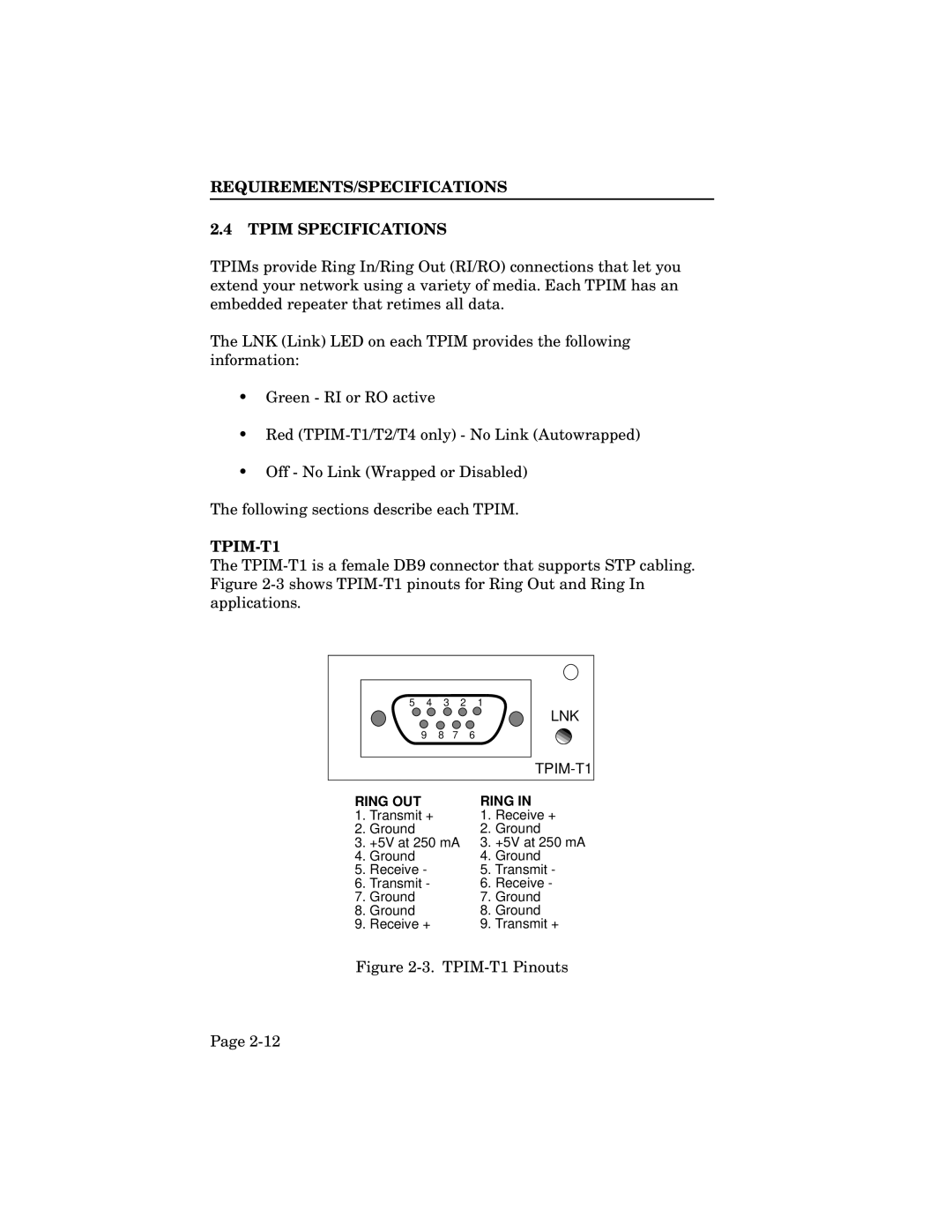 Cabletron Systems TRXI-22A, TRXI-42A, TRMIM-24A, TRXMIM-44A manual REQUIREMENTS/SPECIFICATIONS Tpim Specifications, TPIM-T1 