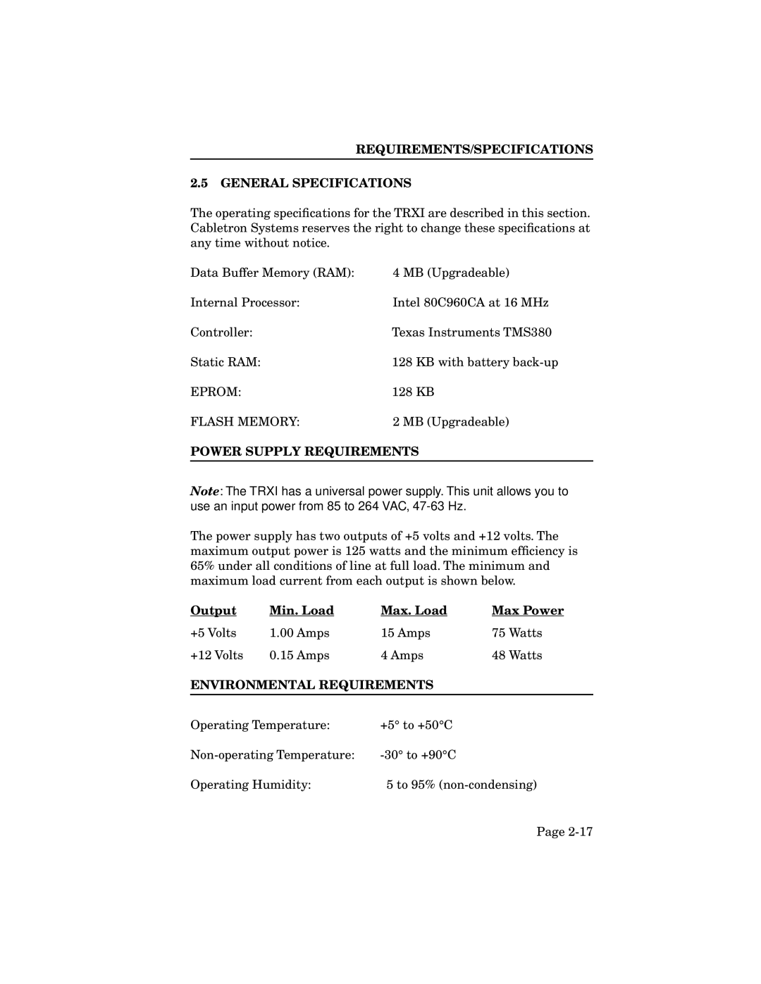 Cabletron Systems TRXI-42A, TRXI-22A manual REQUIREMENTS/SPECIFICATIONS General Specifications, Power Supply Requirements 