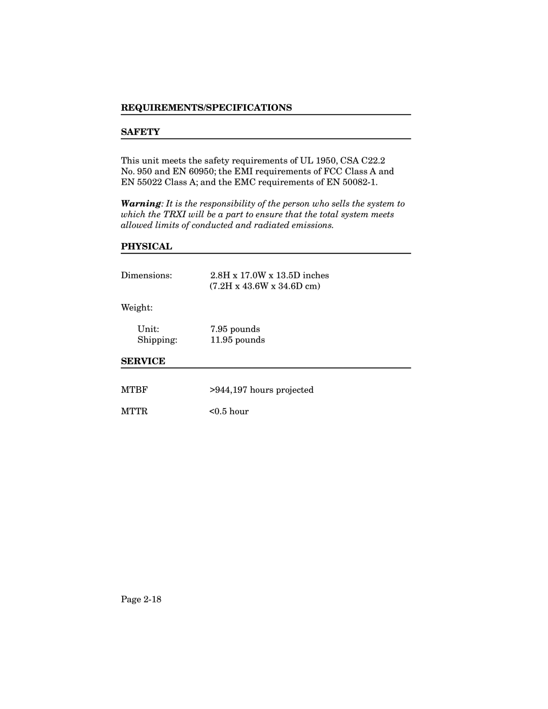 Cabletron Systems TRMIM-24A, TRXI-22A, TRXI-42A, TRXMIM-44A manual REQUIREMENTS/SPECIFICATIONS Safety, Physical, Service 