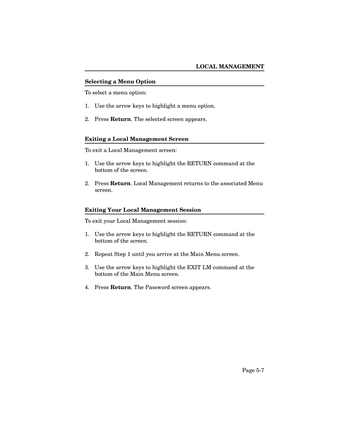 Cabletron Systems TRMIM-24A, TRXI-22A, TRXI-42A, TRXMIM-44A manual Selecting a Menu Option, Exiting a Local Management Screen 