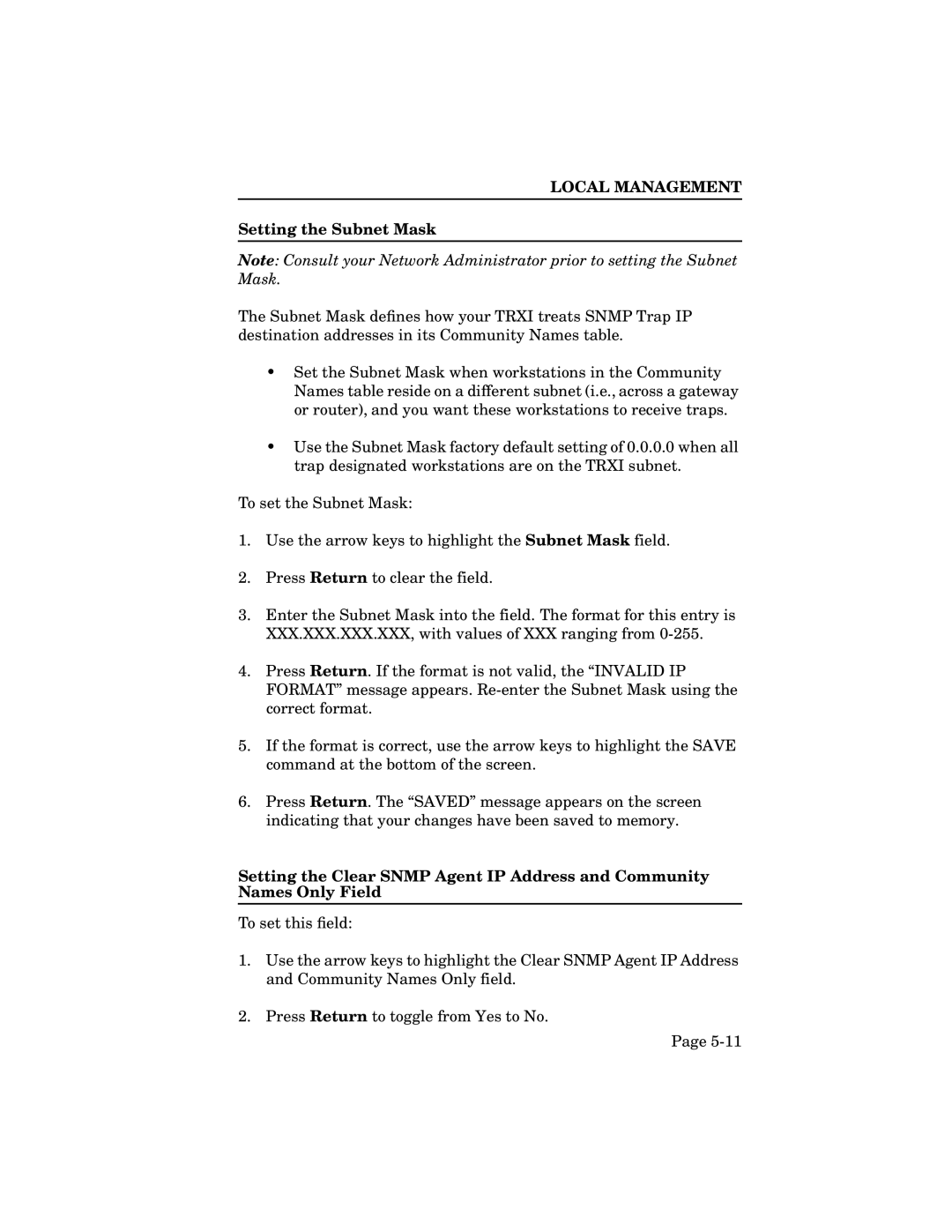 Cabletron Systems TRMIM-24A, TRXI-22A, TRXI-42A, TRXMIM-44A manual Setting the Subnet Mask 