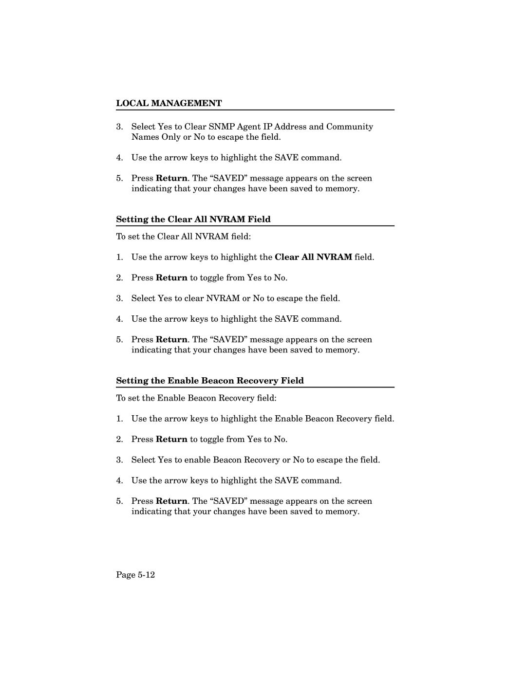 Cabletron Systems TRXMIM-44A, TRXI-22A manual Setting the Clear All Nvram Field, Setting the Enable Beacon Recovery Field 