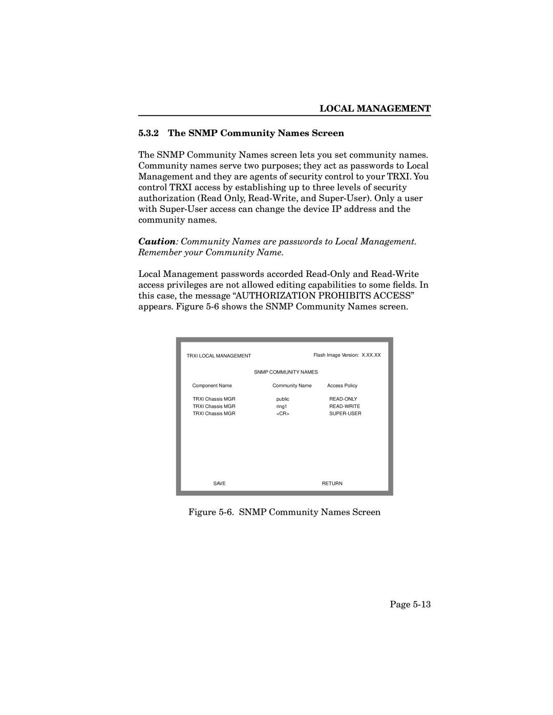 Cabletron Systems TRXI-22A, TRXI-42A, TRMIM-24A, TRXMIM-44A manual Snmp Community Names Screen 