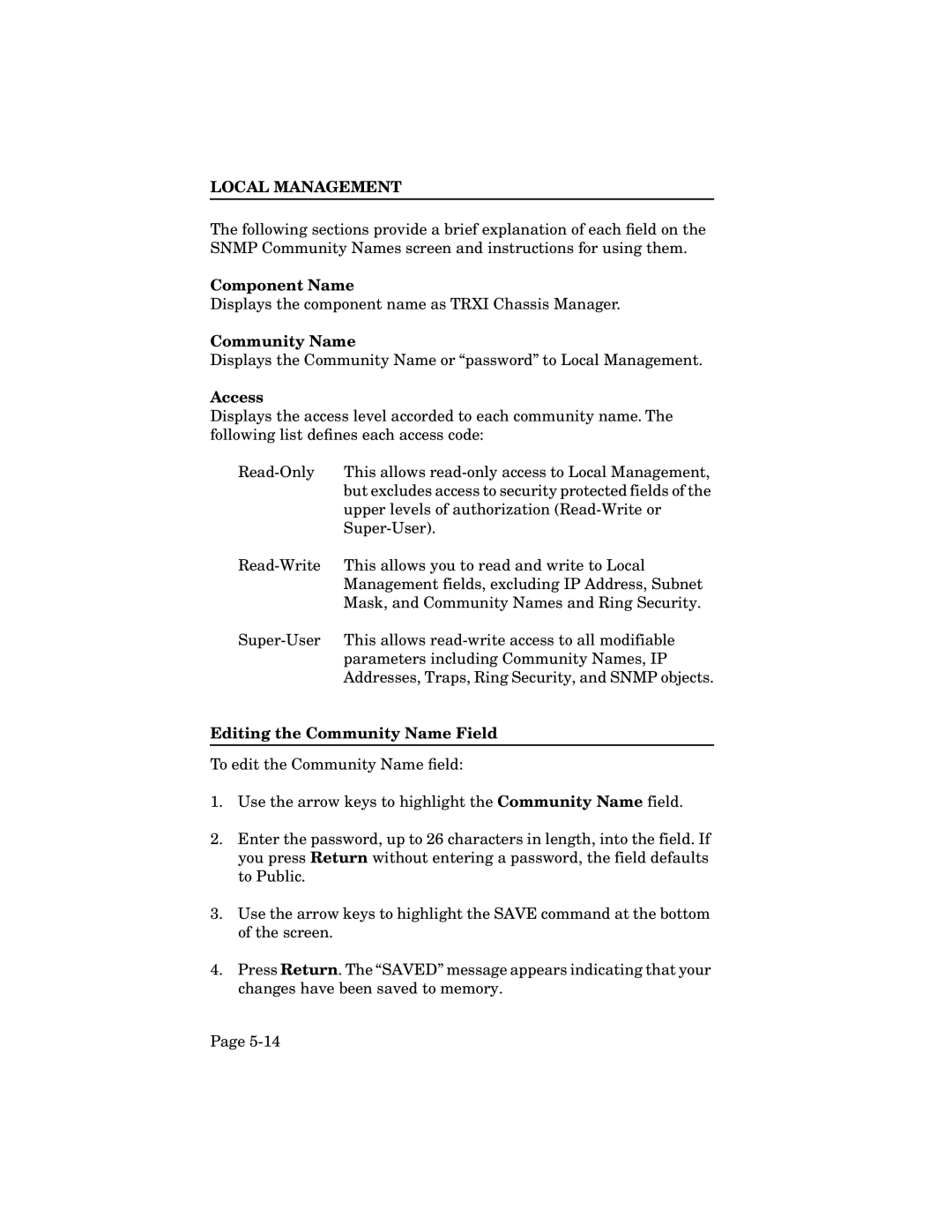 Cabletron Systems TRXI-42A, TRXI-22A, TRMIM-24A, TRXMIM-44A Component Name, Access, Editing the Community Name Field 