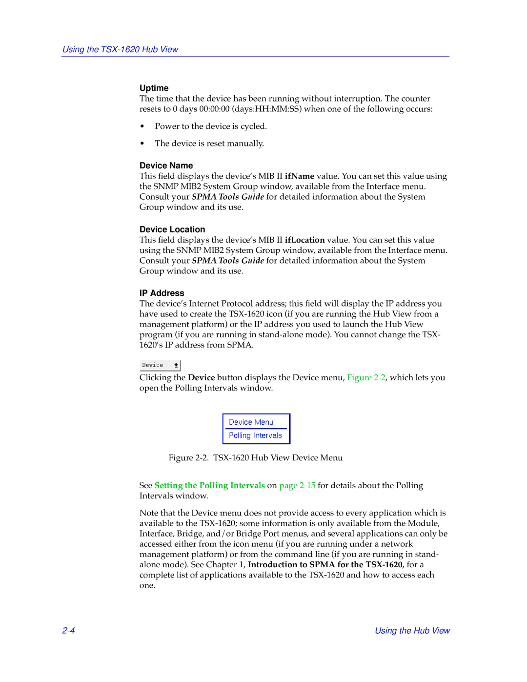 Cabletron Systems TSX-1620 manual Uptime, Device Name, Device Location, IP Address 