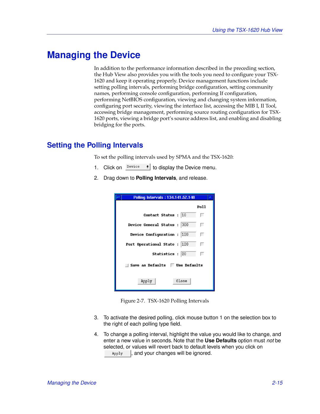 Cabletron Systems TSX-1620 manual Managing the Device, Setting the Polling Intervals 