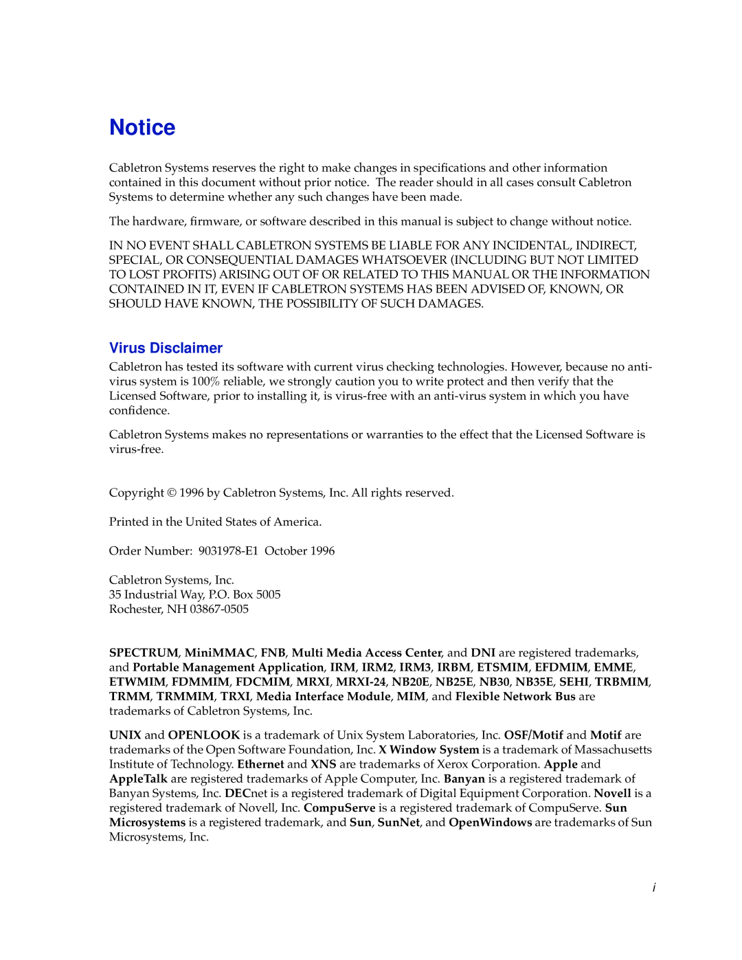 Cabletron Systems TSX-1620 manual Virus Disclaimer 