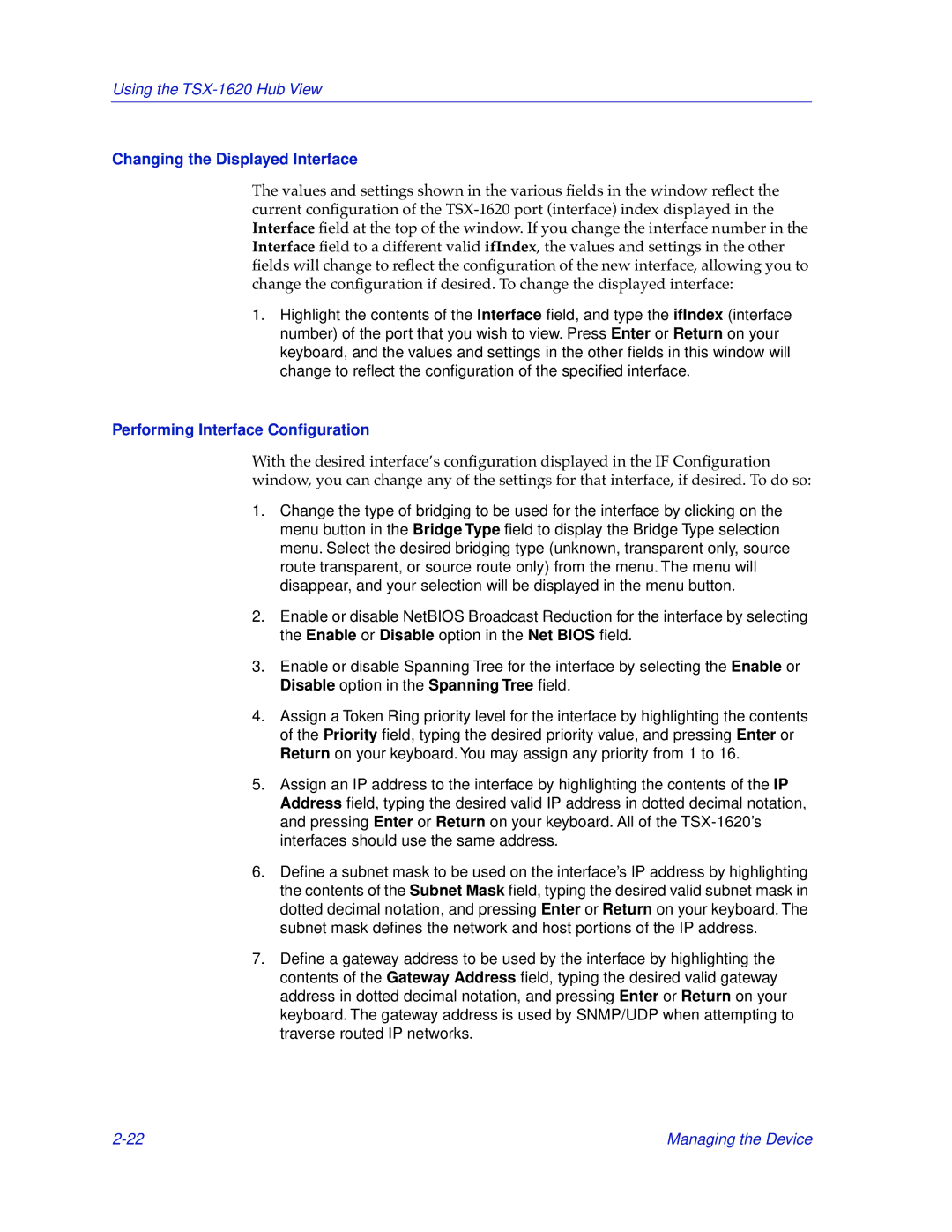 Cabletron Systems TSX-1620 manual Changing the Displayed Interface, Performing Interface Conﬁguration 