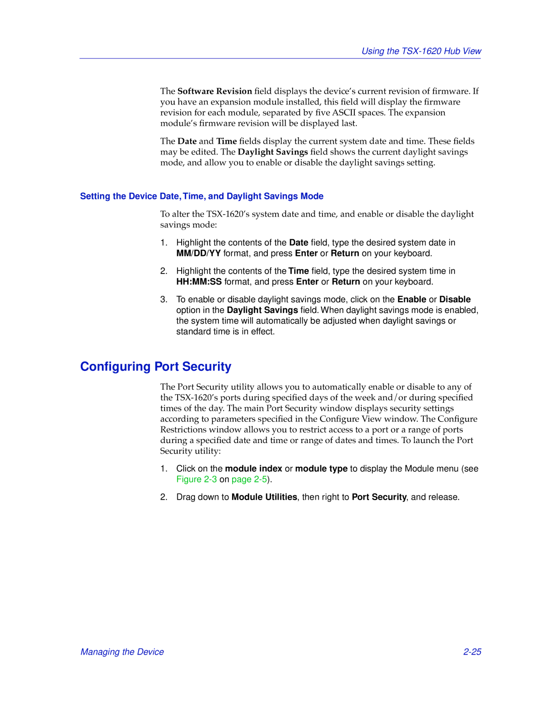 Cabletron Systems TSX-1620 manual Conﬁguring Port Security, Setting the Device Date, Time, and Daylight Savings Mode 