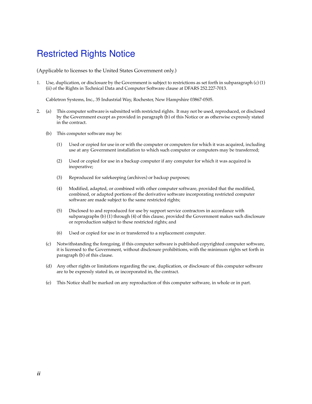 Cabletron Systems TSX-1620 manual Restricted Rights Notice, Applicable to licenses to the United States Government only 