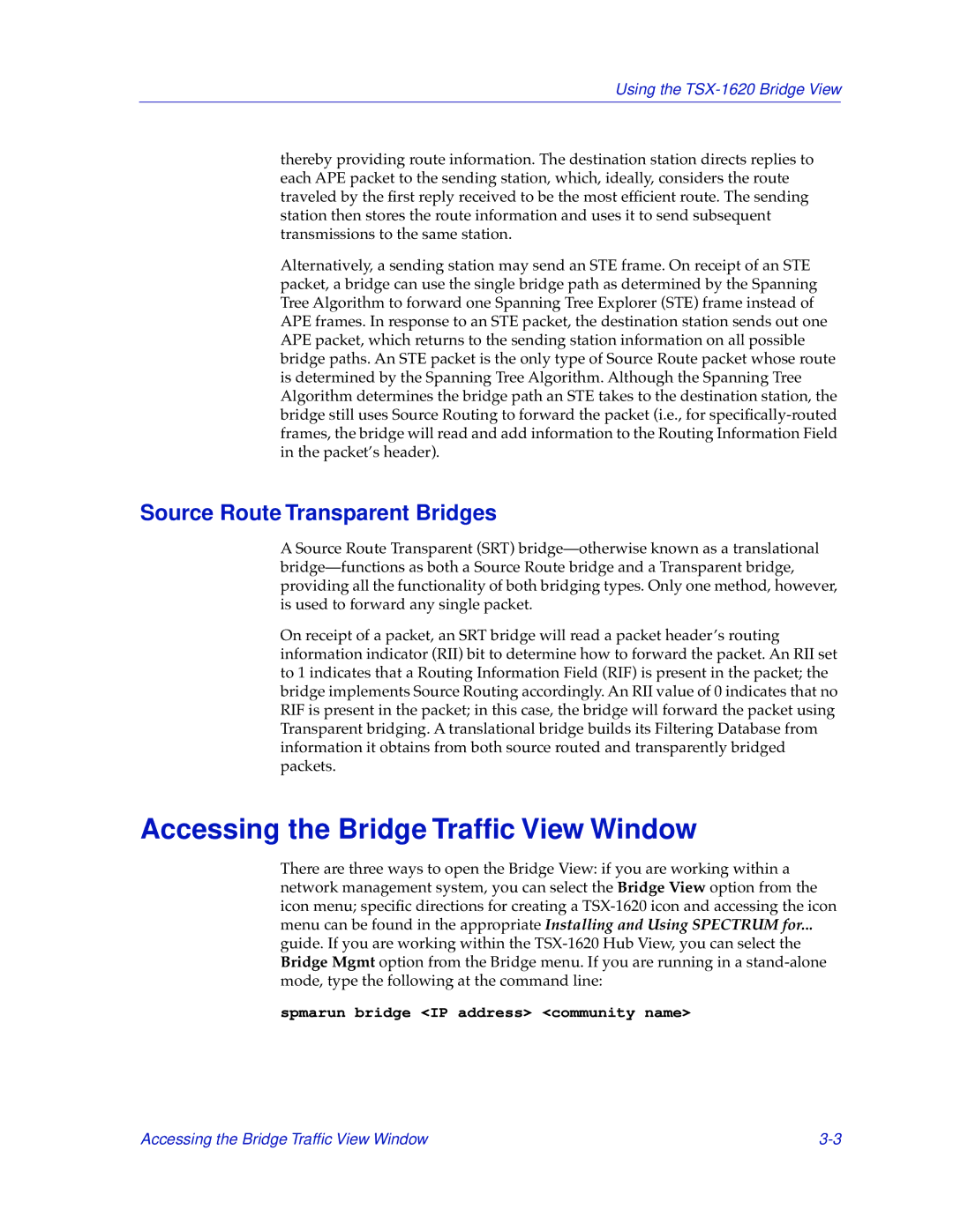 Cabletron Systems TSX-1620 manual Accessing the Bridge Trafﬁc View Window, Source Route Transparent Bridges 