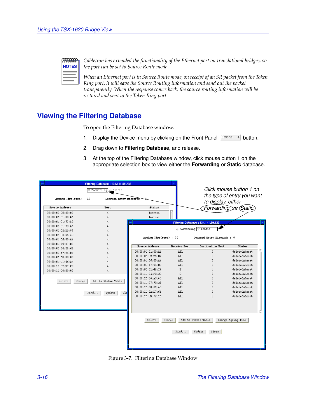 Cabletron Systems TSX-1620 manual Viewing the Filtering Database, Filtering Database Window 