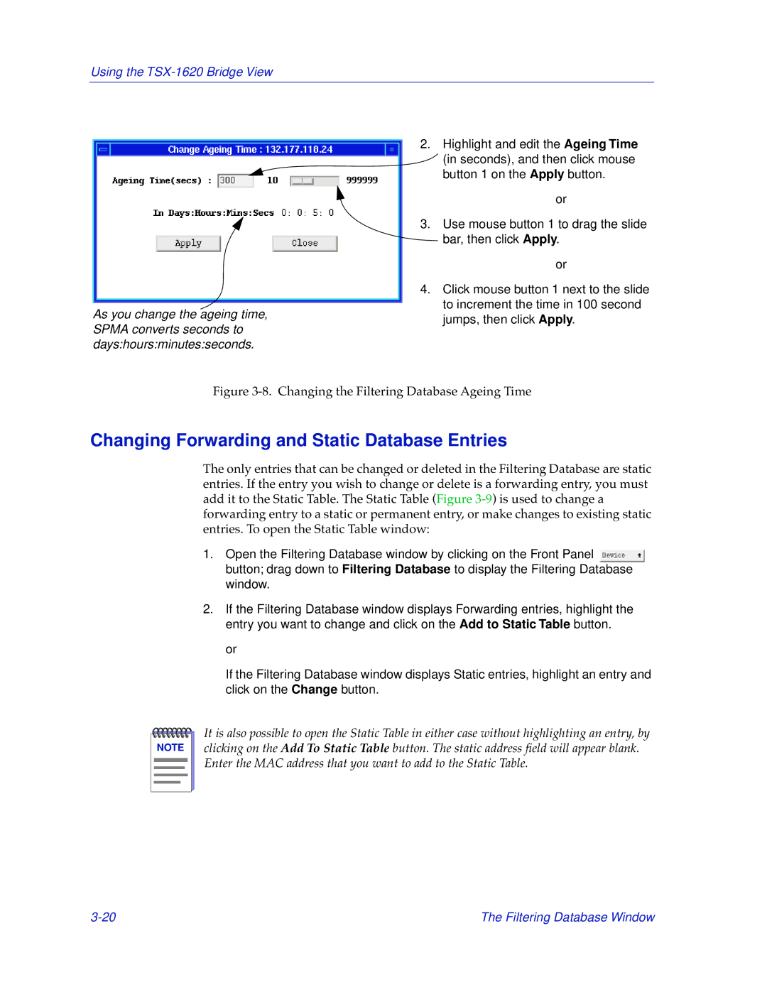 Cabletron Systems TSX-1620 Changing Forwarding and Static Database Entries, Changing the Filtering Database Ageing Time 