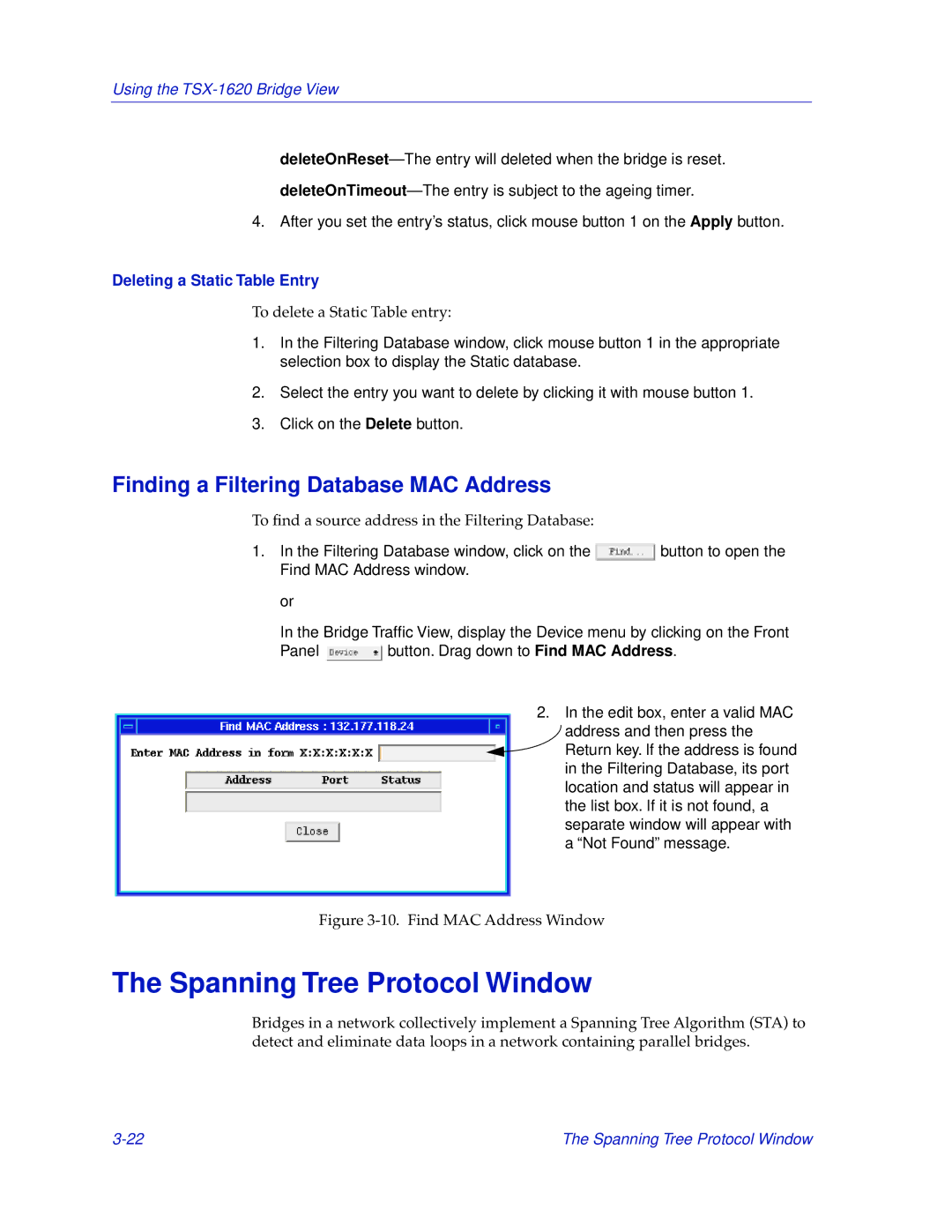 Cabletron Systems TSX-1620 manual Spanning Tree Protocol Window, Finding a Filtering Database MAC Address 