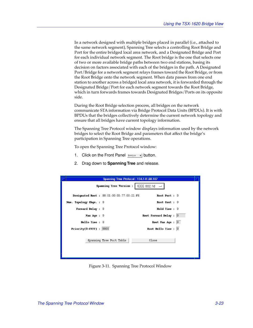 Cabletron Systems TSX-1620 manual Spanning Tree Protocol Window 