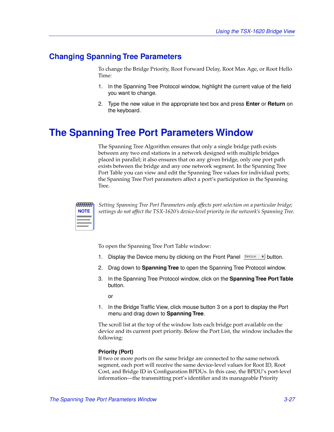 Cabletron Systems TSX-1620 manual Spanning Tree Port Parameters Window, Changing Spanning Tree Parameters, Priority Port 