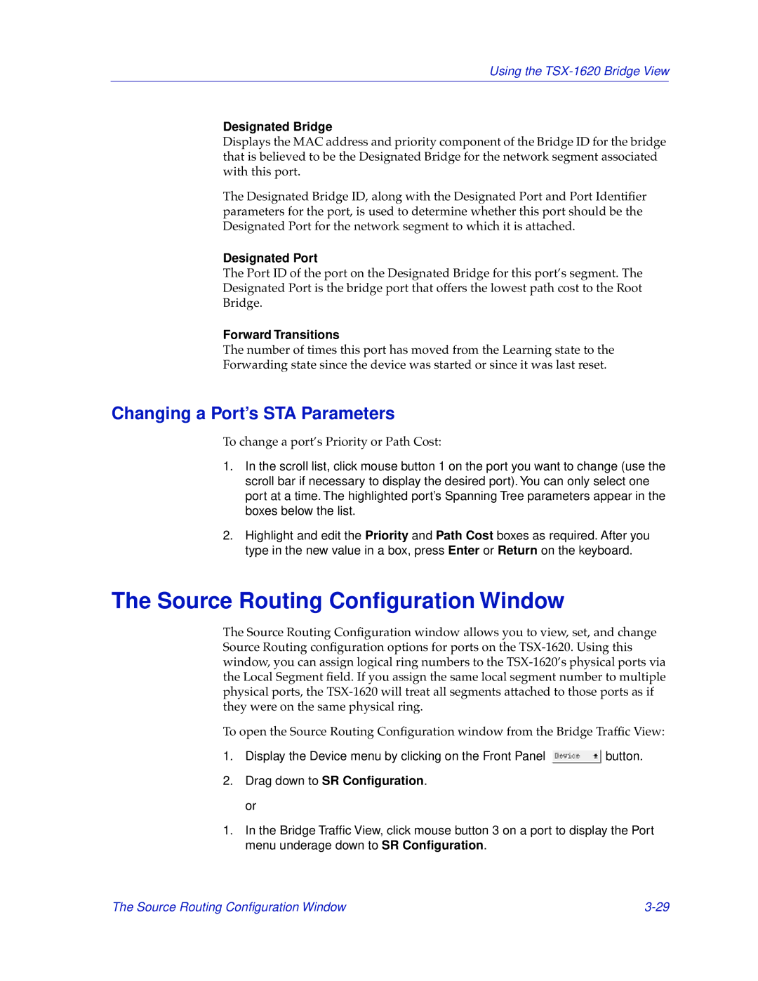 Cabletron Systems TSX-1620 manual Source Routing Conﬁguration Window, Changing a Port’s STA Parameters, Designated Bridge 