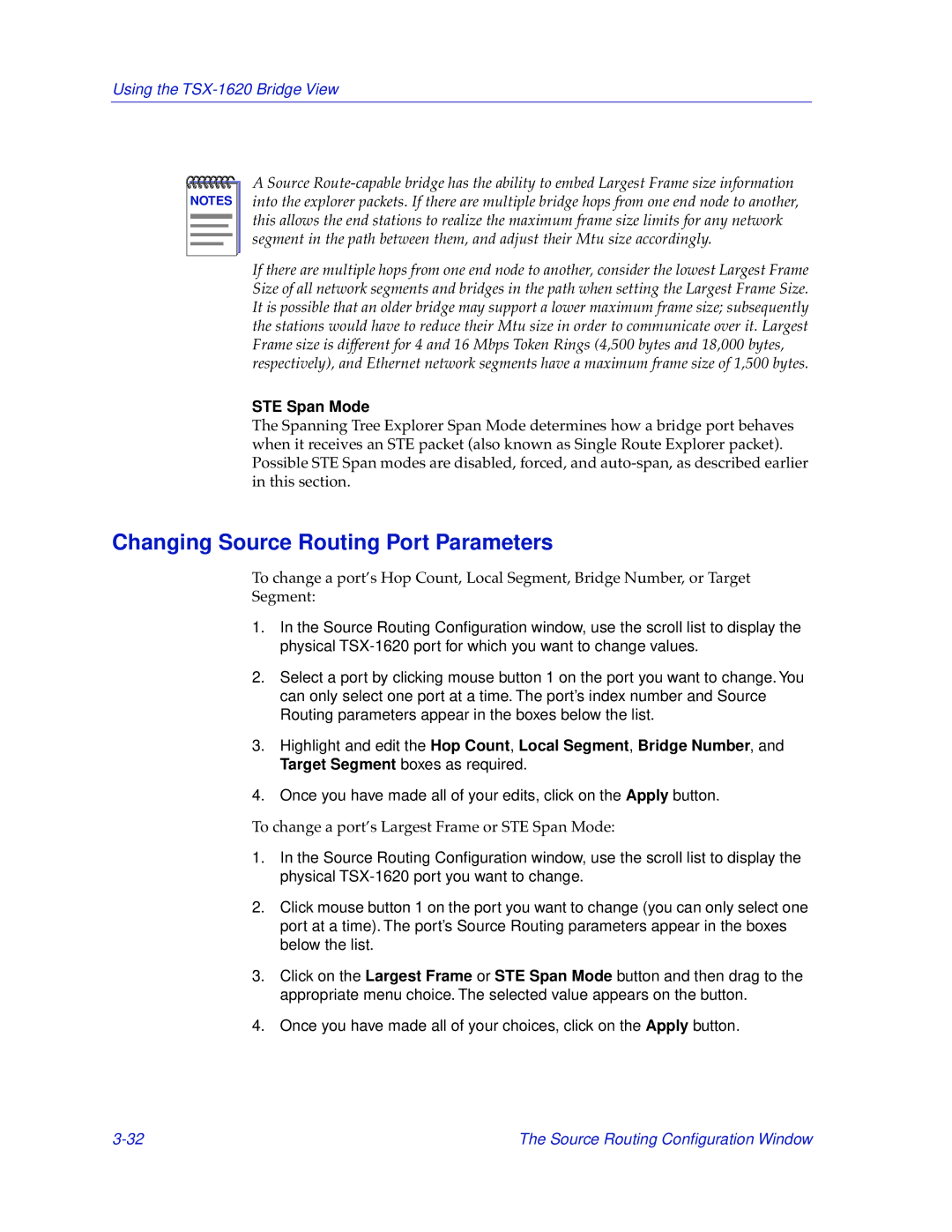 Cabletron Systems TSX-1620 manual Changing Source Routing Port Parameters, STE Span Mode 