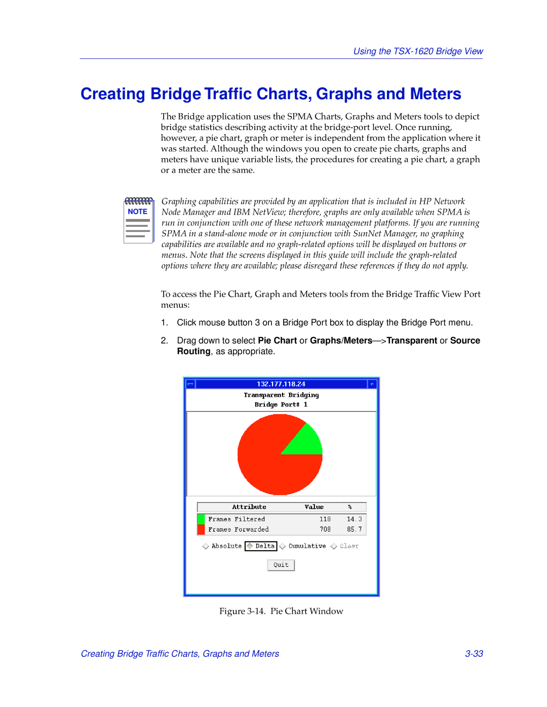 Cabletron Systems TSX-1620 manual Creating Bridge Trafﬁc Charts, Graphs and Meters, Pie Chart Window 