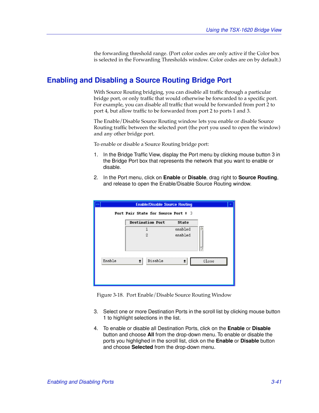 Cabletron Systems TSX-1620 Enabling and Disabling a Source Routing Bridge Port, Port Enable/Disable Source Routing Window 