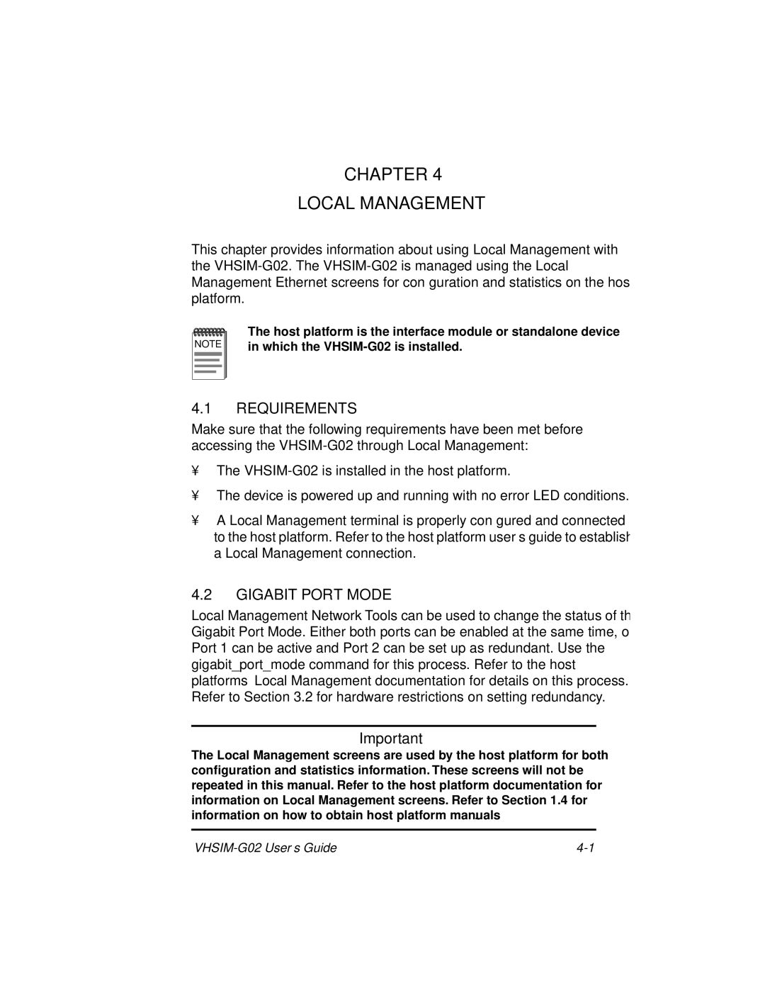 Cabletron Systems VHSIM-G02 manual Chapter Local Management, Requirements, Gigabit Port Mode 