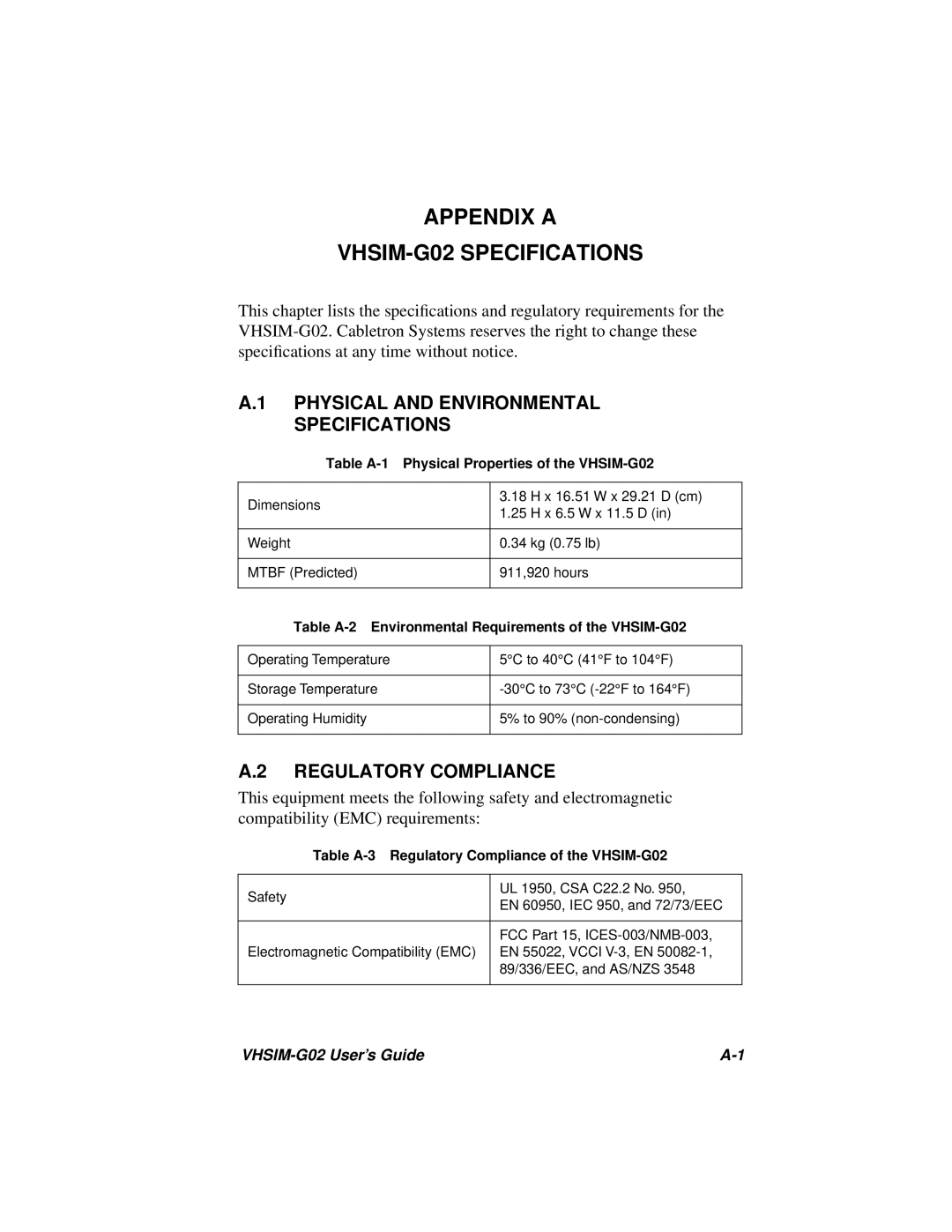 Cabletron Systems Appendix a VHSIM-G02 Specifications, Physical and Environmental Specifications, Regulatory Compliance 