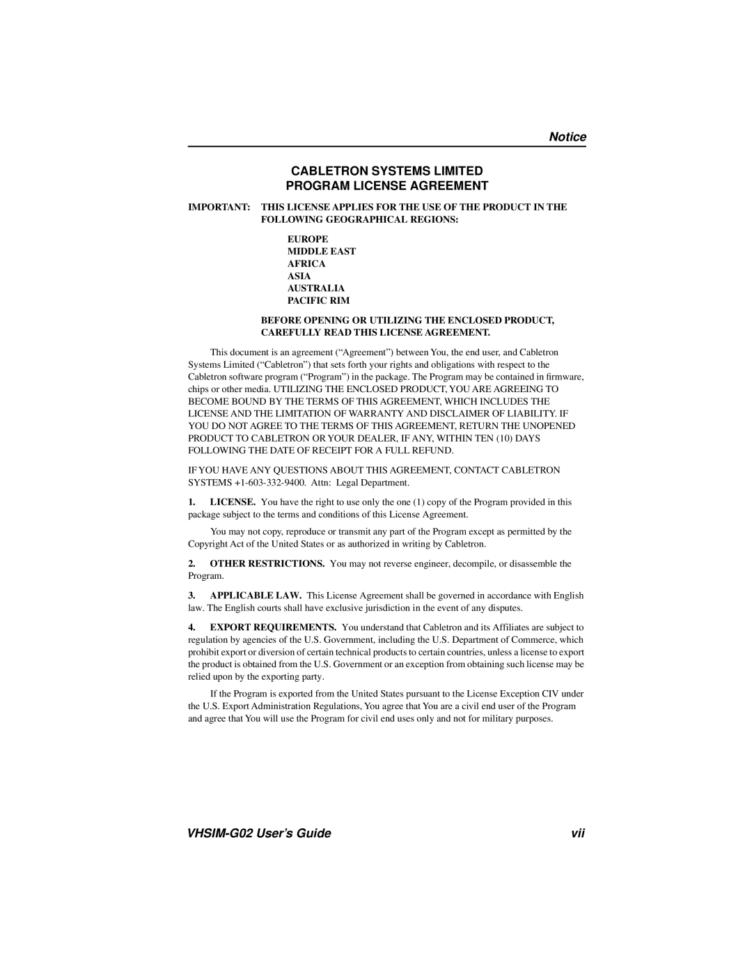 Cabletron Systems manual Cabletron Systems Limited Program License Agreement, VHSIM-G02 User’s Guide Vii 