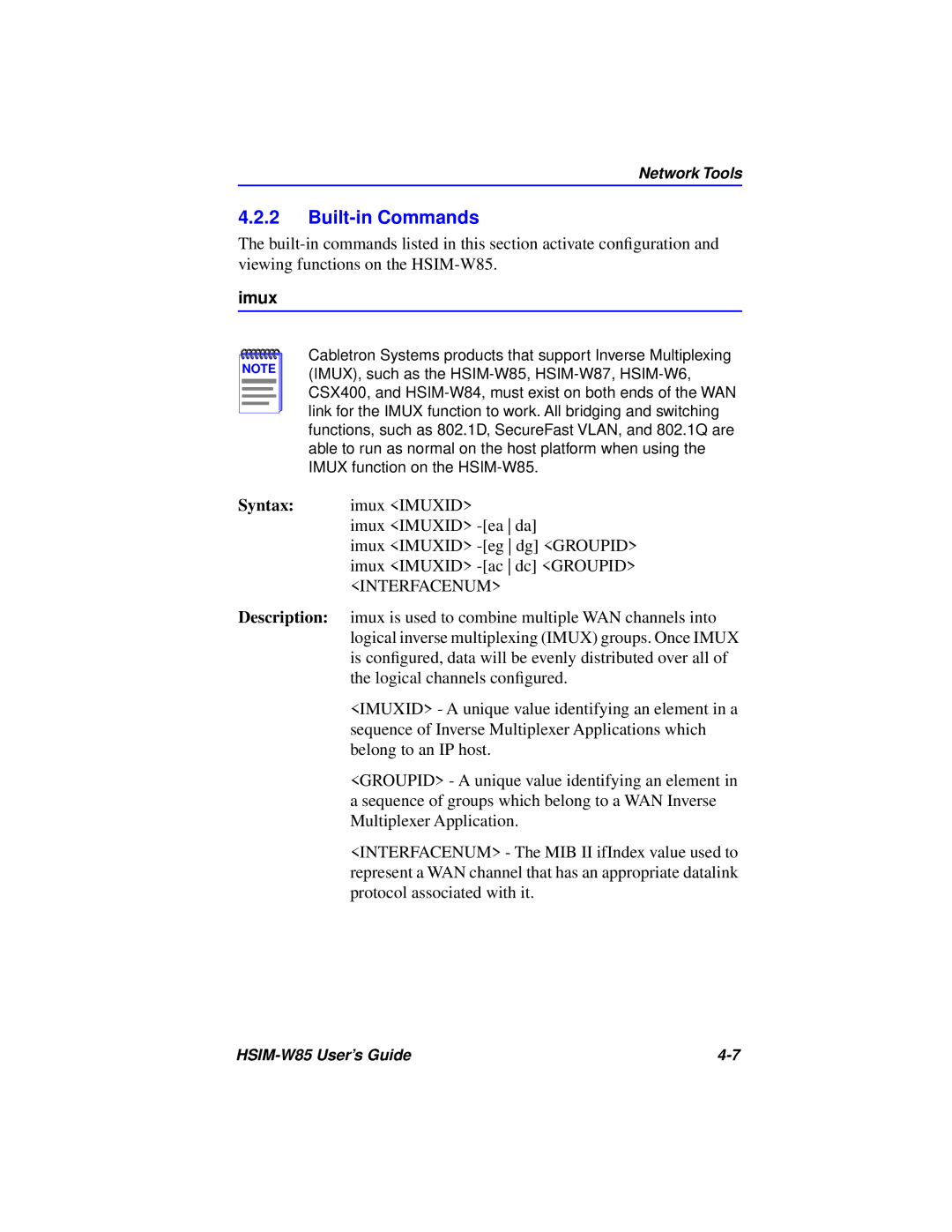 Cabletron Systems W85 manual Built-in Commands, Imux 