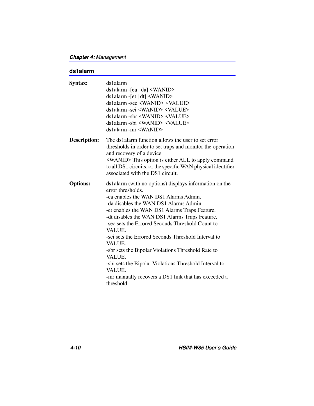 Cabletron Systems W85 manual Ds1alarm, Syntax ds1alarm 