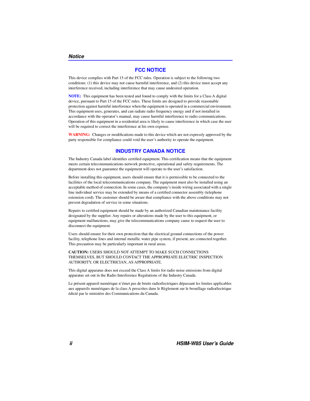 Cabletron Systems manual Fcc Notice, Industry Canada Notice, HSIM-W85 User’s Guide 