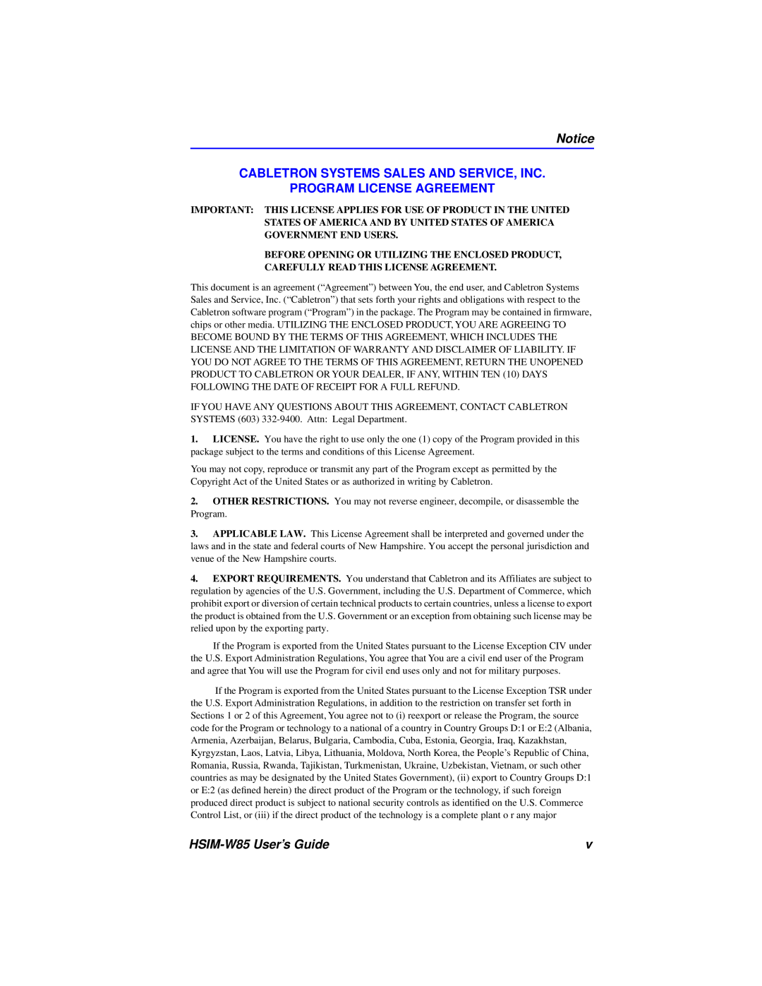 Cabletron Systems manual Cabletron Systems Sales And Service, Inc Program License Agreement, HSIM-W85 User’s Guide 