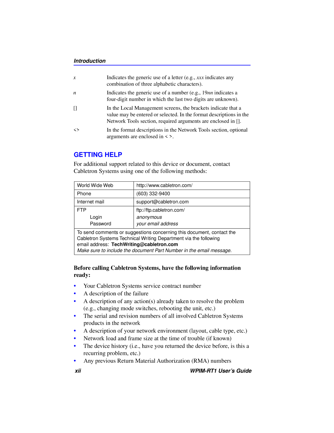 Cabletron Systems WPIM-RT1 manual Getting Help, Your email address 