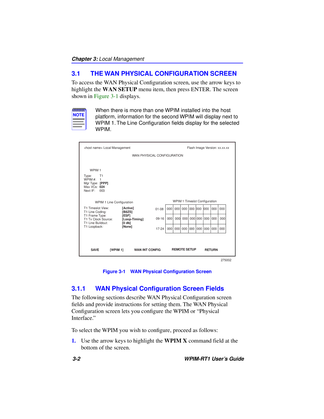 Cabletron Systems WPIM-RT1 manual WAN Physical Configuration Screen, WAN Physical Conﬁguration Screen Fields 