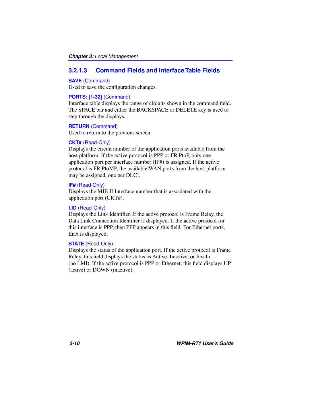 Cabletron Systems WPIM-RT1 manual Command Fields and Interface Table Fields 