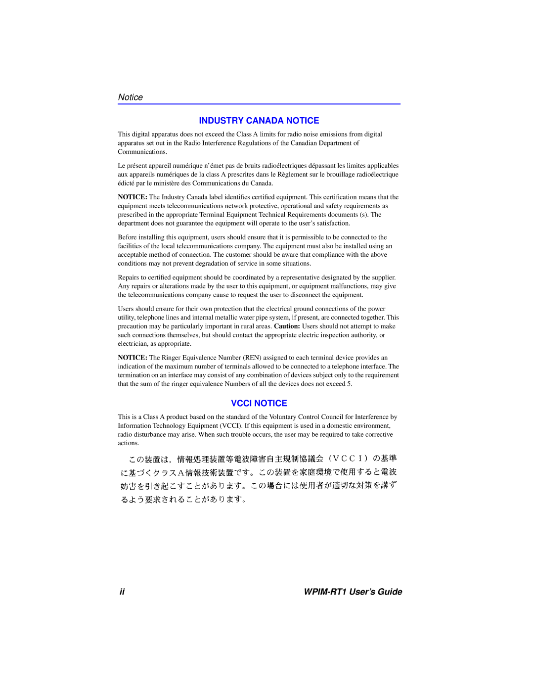 Cabletron Systems WPIM-RT1 manual Industry Canada Notice, Vcci Notice 